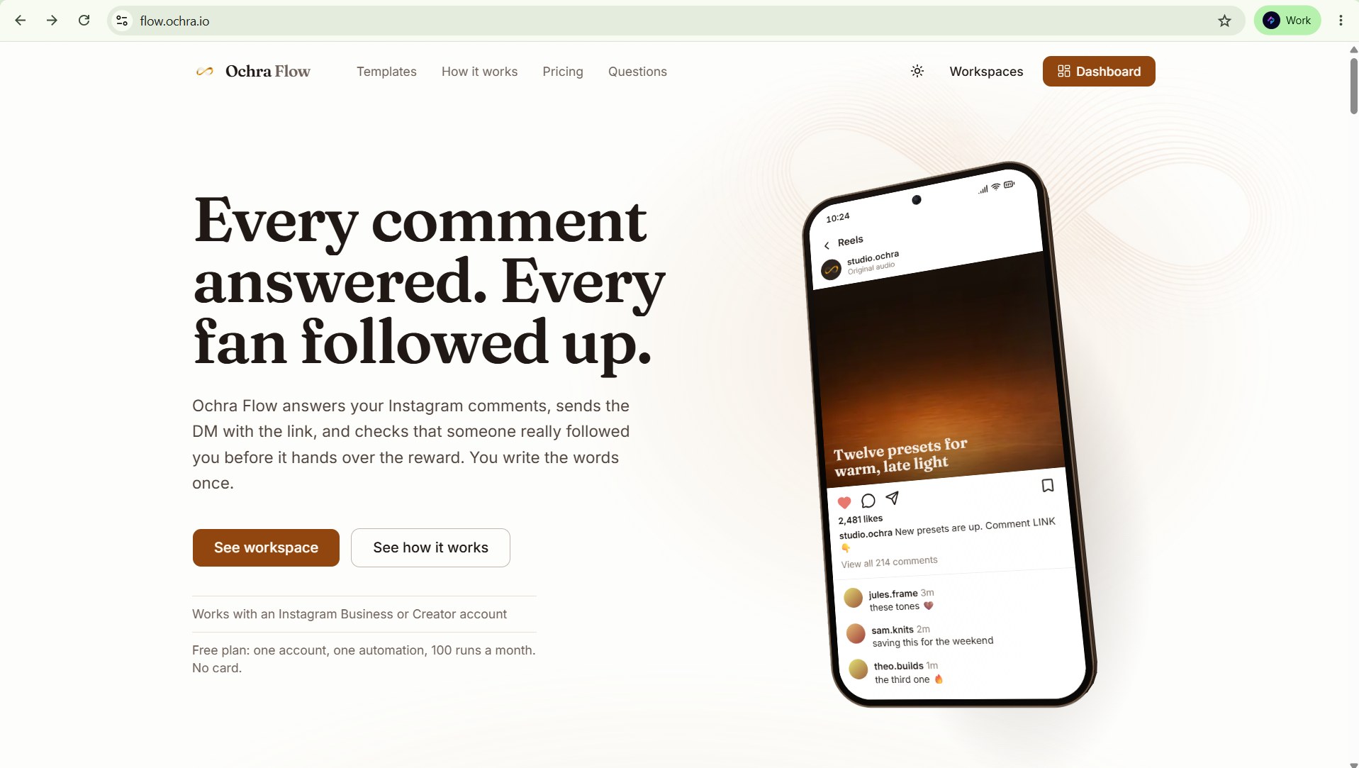 Ochra Flow · works with Instagram Business and Creator accounts